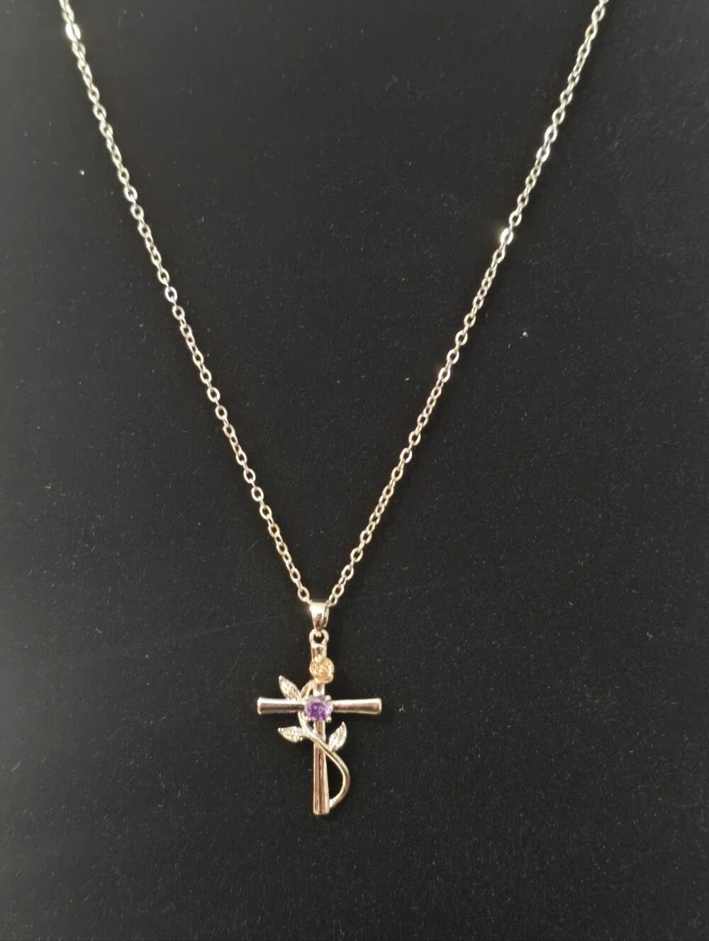 Purple Crystal Rose Cross Necklace Pendant Two-Tone Religious Women Jewelry Gift